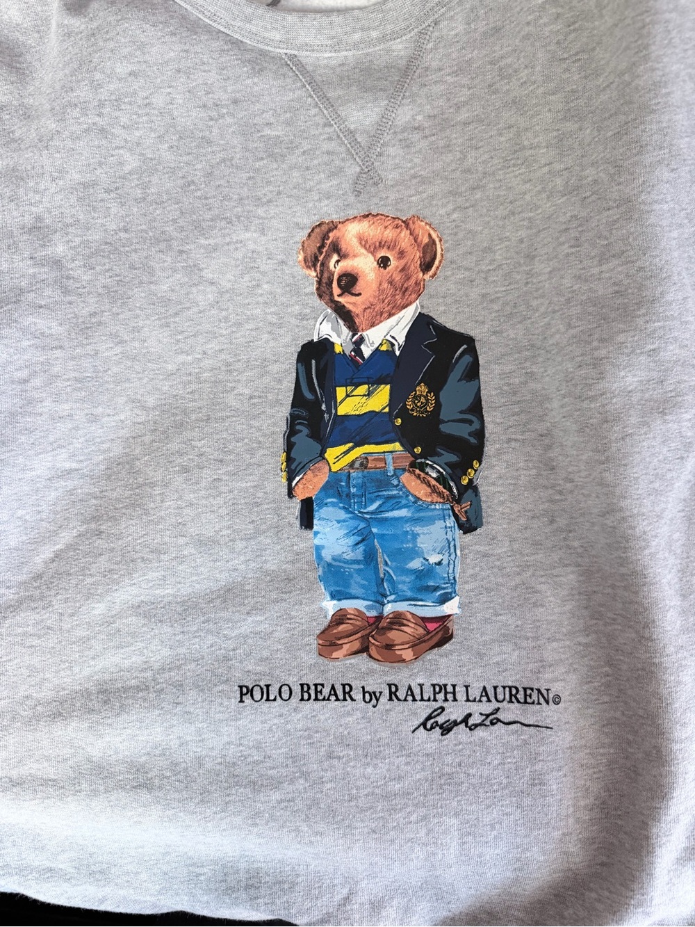 Ralph Lauren Light Gray Polo Bear Sweatshirt with Navy Blazer Graphic